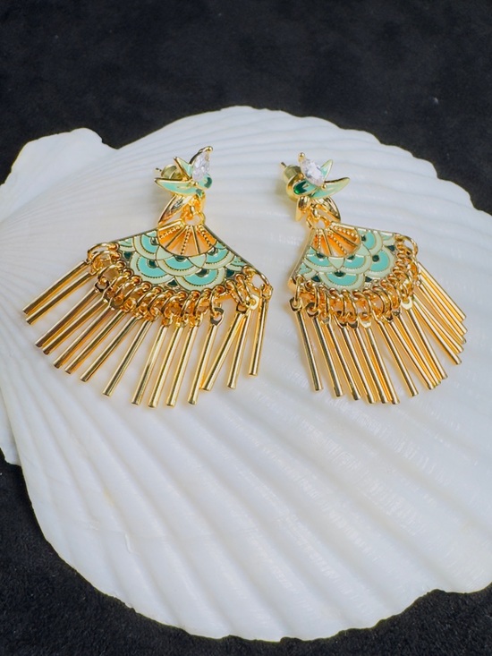 Jewelry - Gold and Mint Fan Tassel Drop Earrings - Women's Jewelry